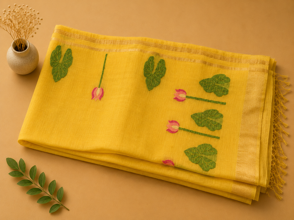 Matka Muslin Jamdani - Yellow with lotus