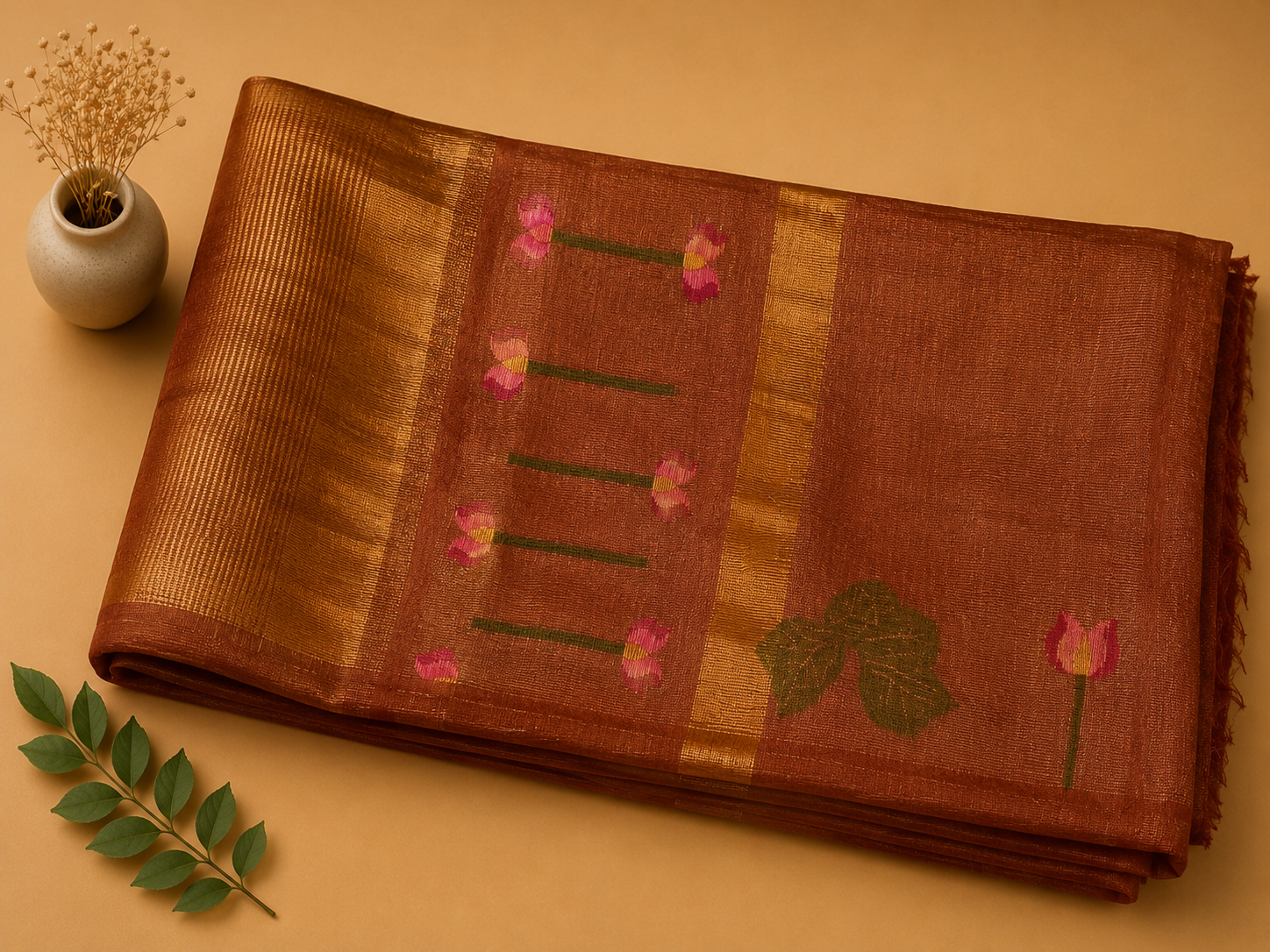Matka Muslin Jamdani - Brown with lotus