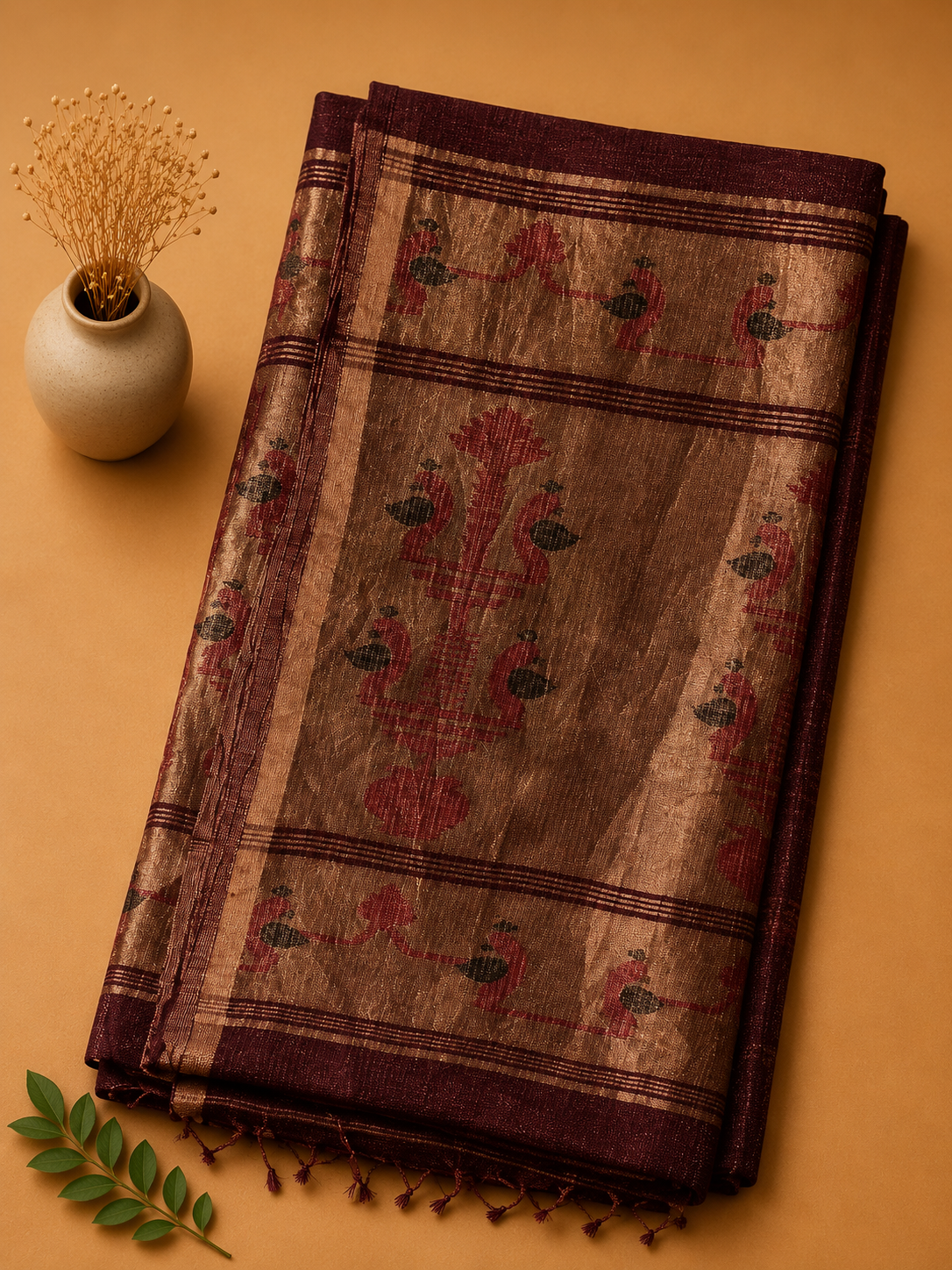 Matka Muslin Jamdani - Brown with peacock