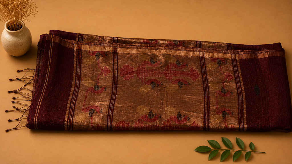 Matka Muslin Jamdani - Brown with peacock