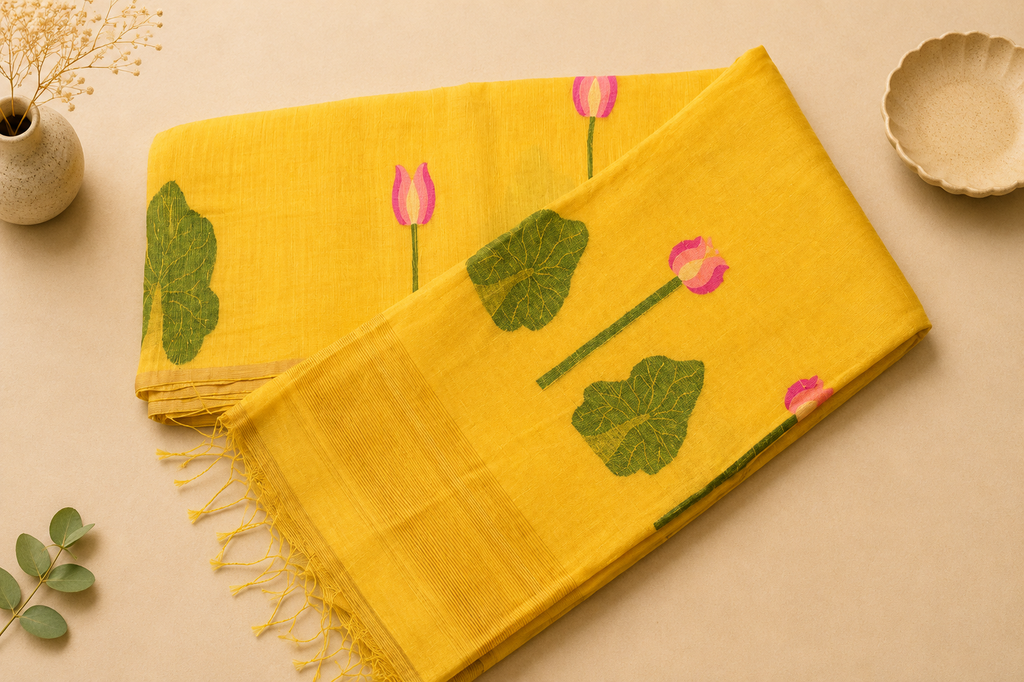 Matka Muslin Jamdani - Yellow with lotus