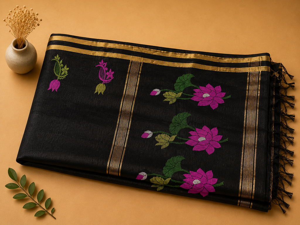 Matka Muslin Jamdani - Black floral print