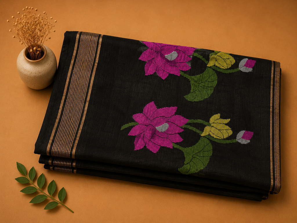 Matka Muslin Jamdani - Black floral print
