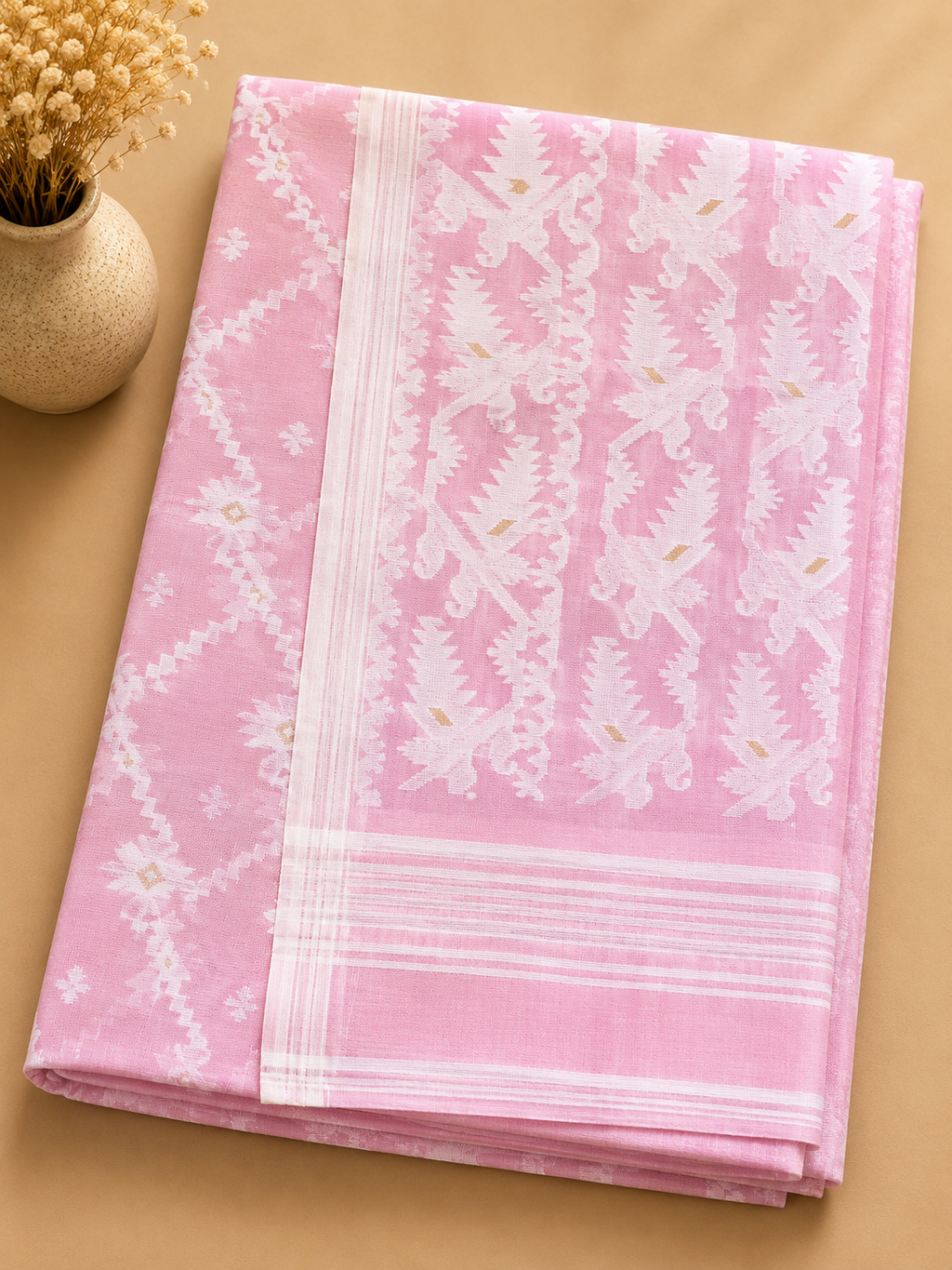 Jamdani Cotton Saree (Baby Pink) | Handwoven Heritage Ethnic Wear