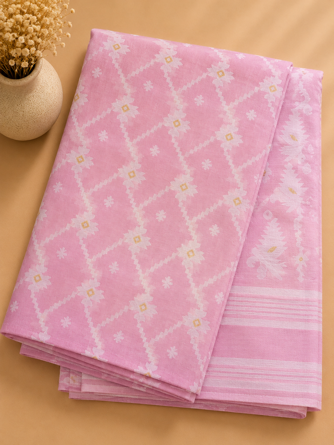Jamdani Cotton Saree (Baby Pink) | Handwoven Heritage Ethnic Wear