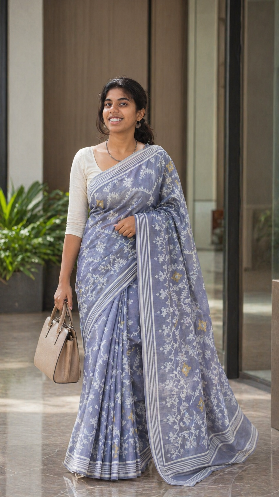 Pure Jamdani Cotton Saree | Handloom Everyday Wear (Grey)
