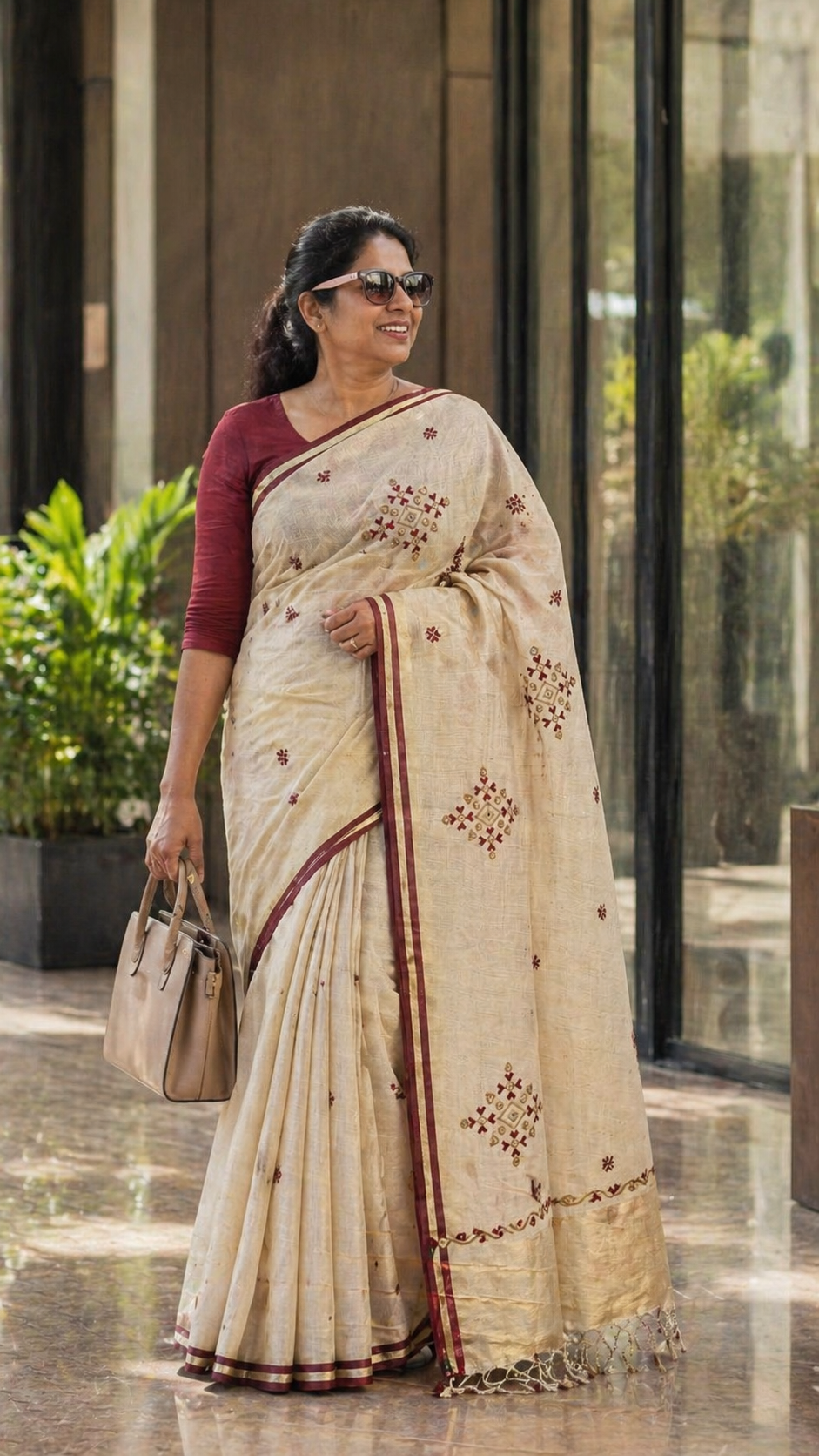 Linen Cotton Saree (Creme & Red)