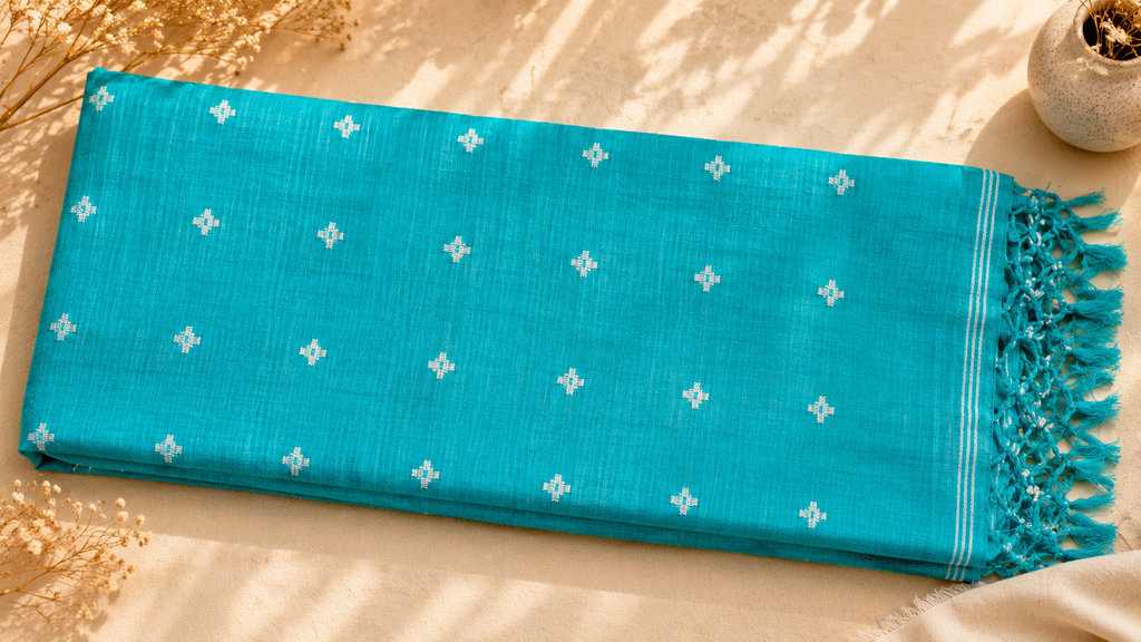 Pure Jamdani Tussar Silk Saree (Turquoise)