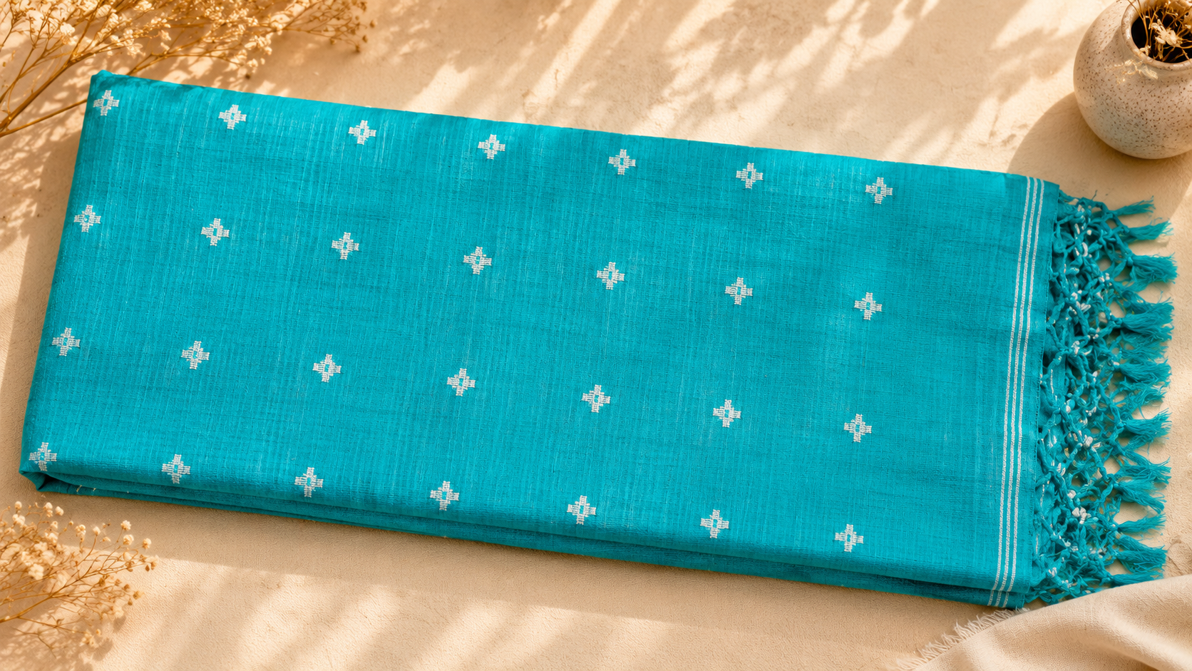 Pure Jamdani Tussar Silk Saree (Turquoise)