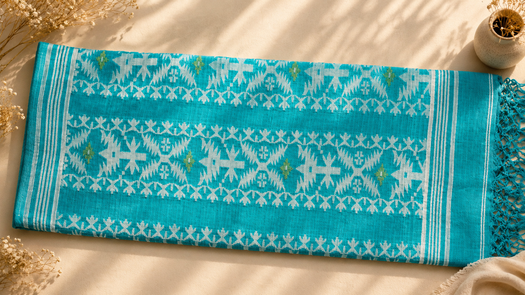 Pure Jamdani Tussar Silk Saree (Turquoise)