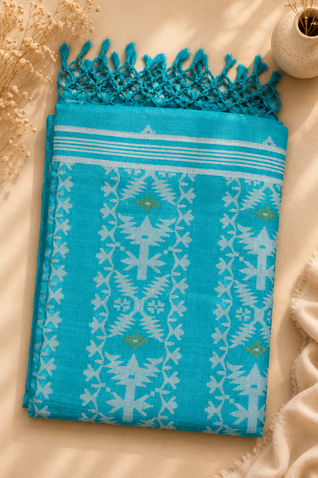 Pure Jamdani Tussar Silk Saree (Turquoise)