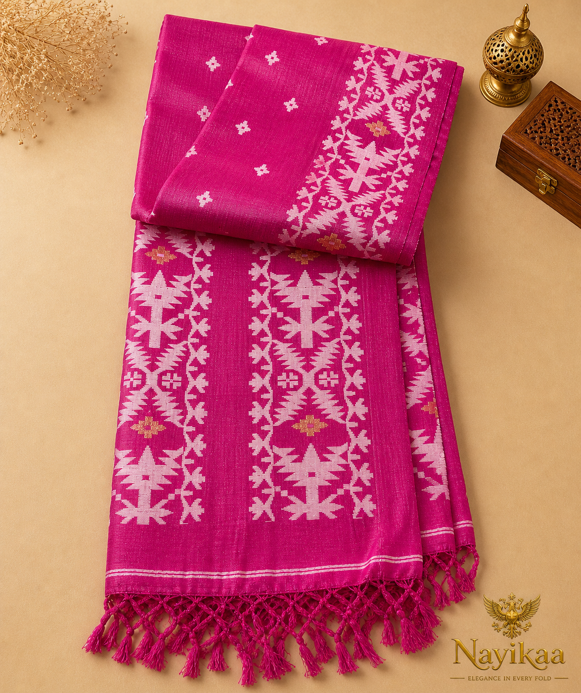Pure Jamdani Tussar Silk Saree (Pink)