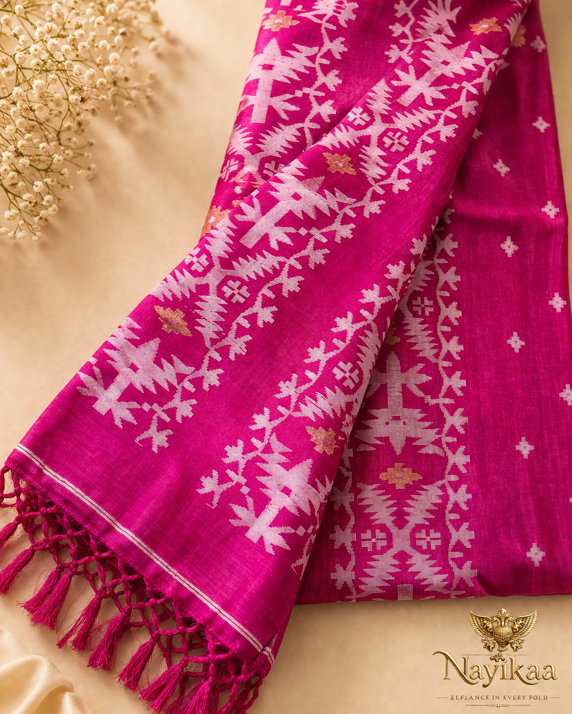 Pure Jamdani Tussar Silk Saree (Pink)