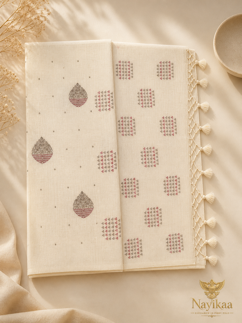 Cotton Saree (Beige and Red) | Handwoven Everyday Wear