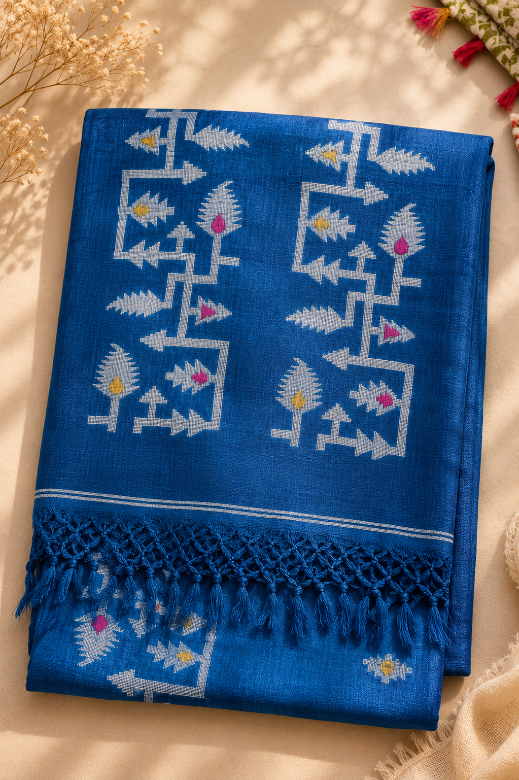 Pure Jamdani Tussar Silk Saree (Blue)