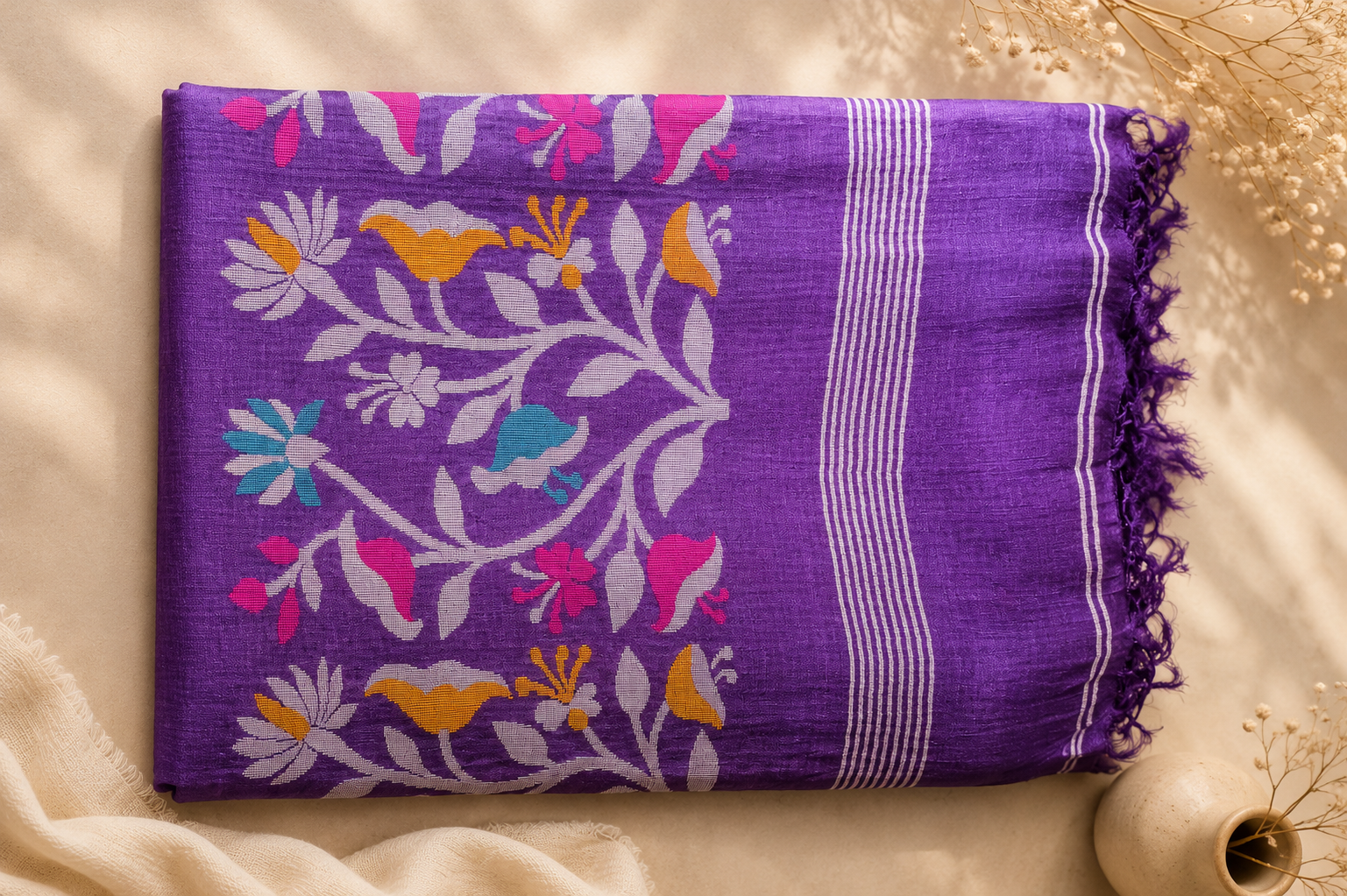 Pure Jamdani Tussar Silk Saree (Purple)