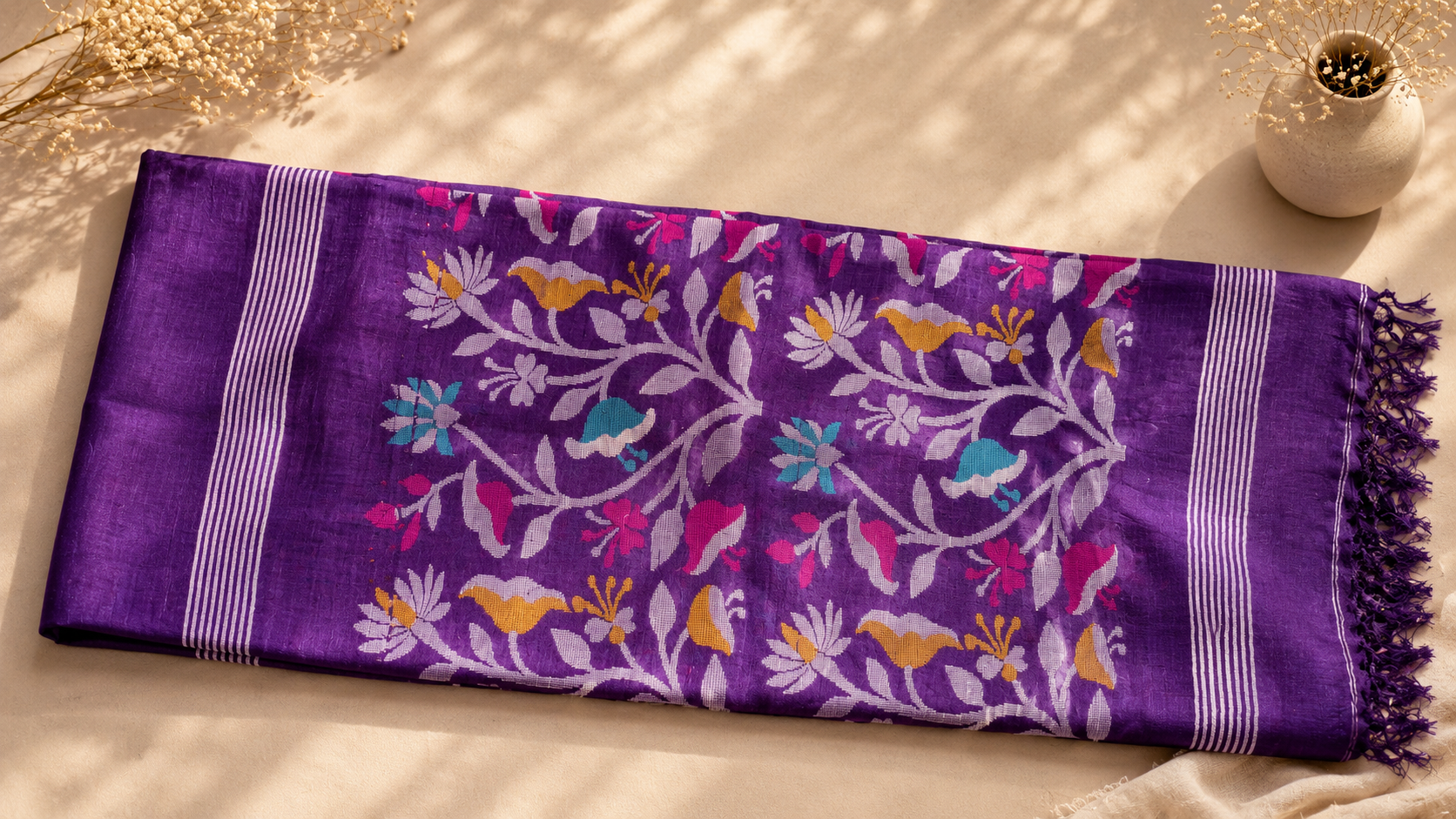 Pure Jamdani Tussar Silk Saree (Purple)