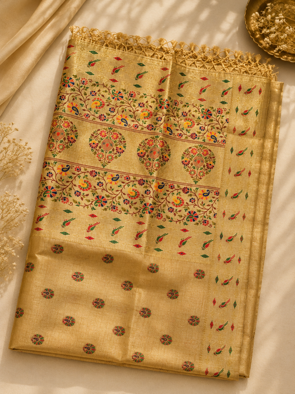 Beige saree with floral patterns on a white background