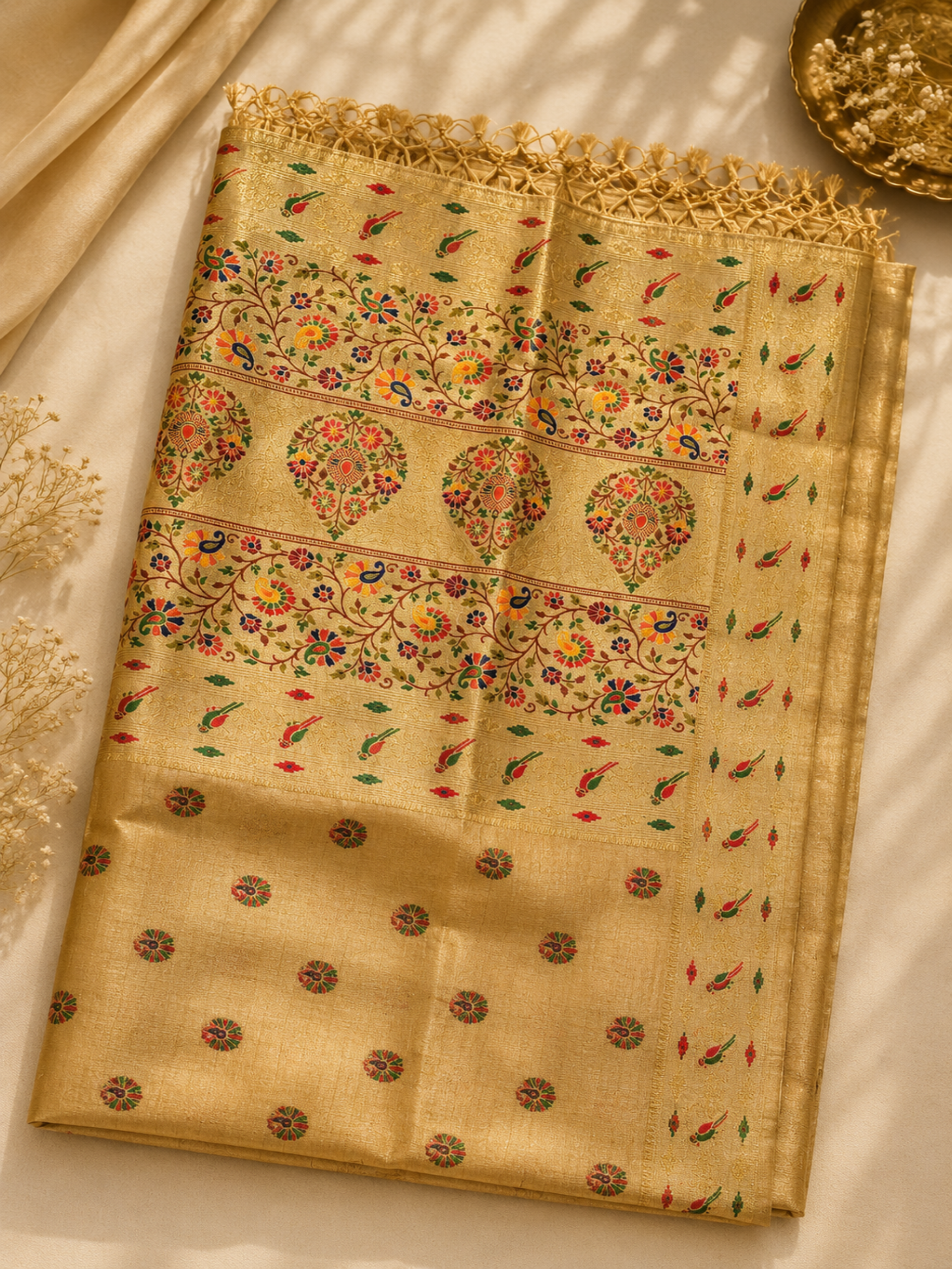 Beige saree with floral patterns on a white background