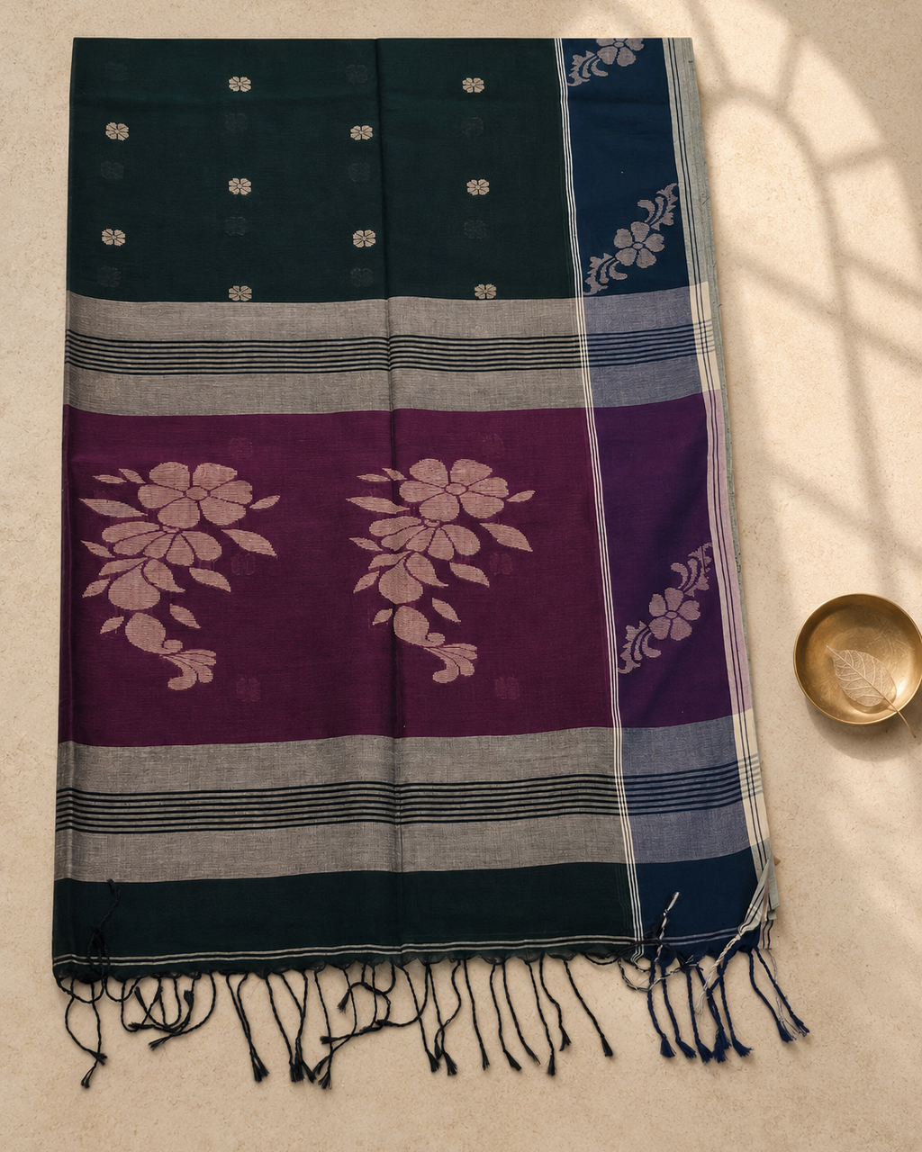Deep green Bengal cotton saree body with woven motifs