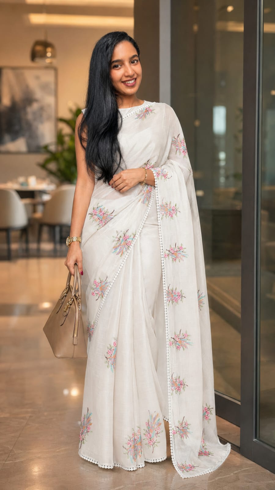 Kota Doria Sarees | Hand Embroidery (White)