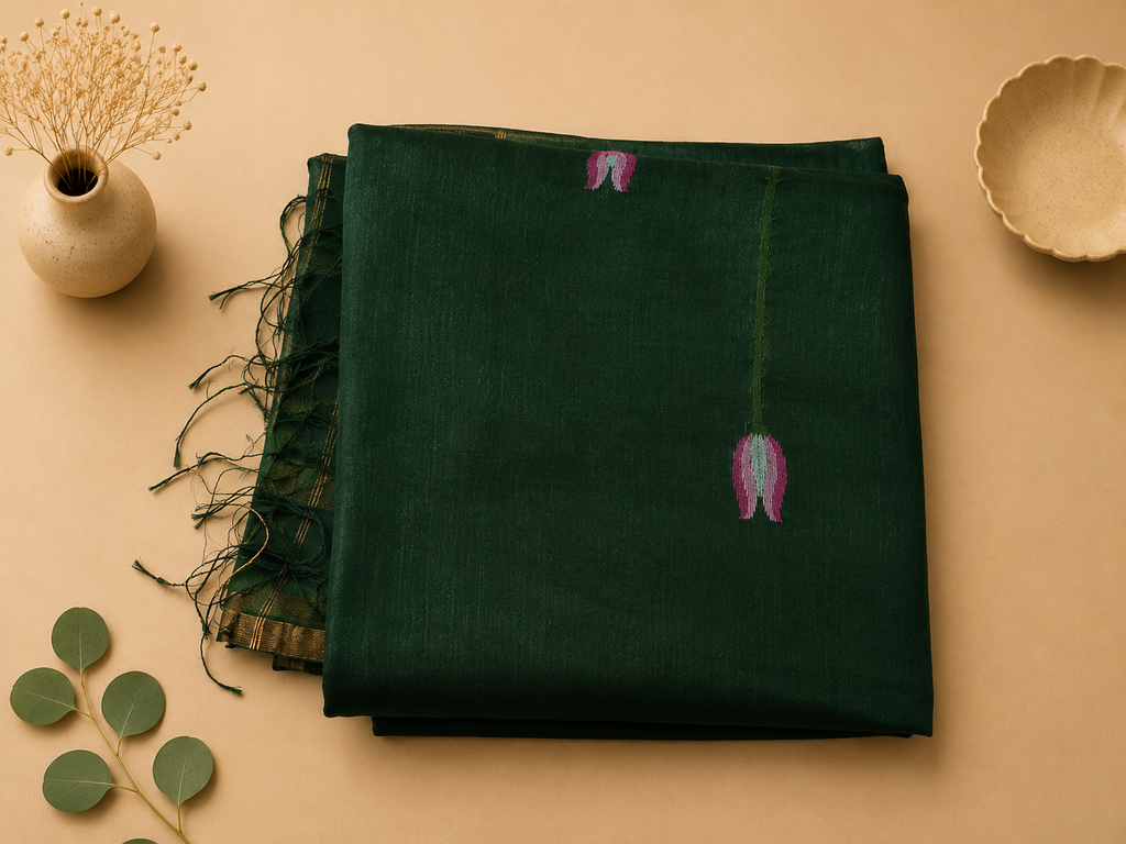 Folded dark green Matka silk Jamdani saree body with woven pink lotus motifs and tassels – Nayikaa