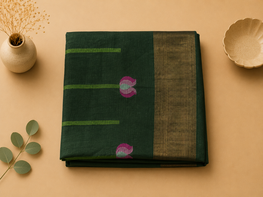 Folded dark green Matka silk Jamdani saree with woven pink lotus motifs and wide gold zari border – Nayikaa