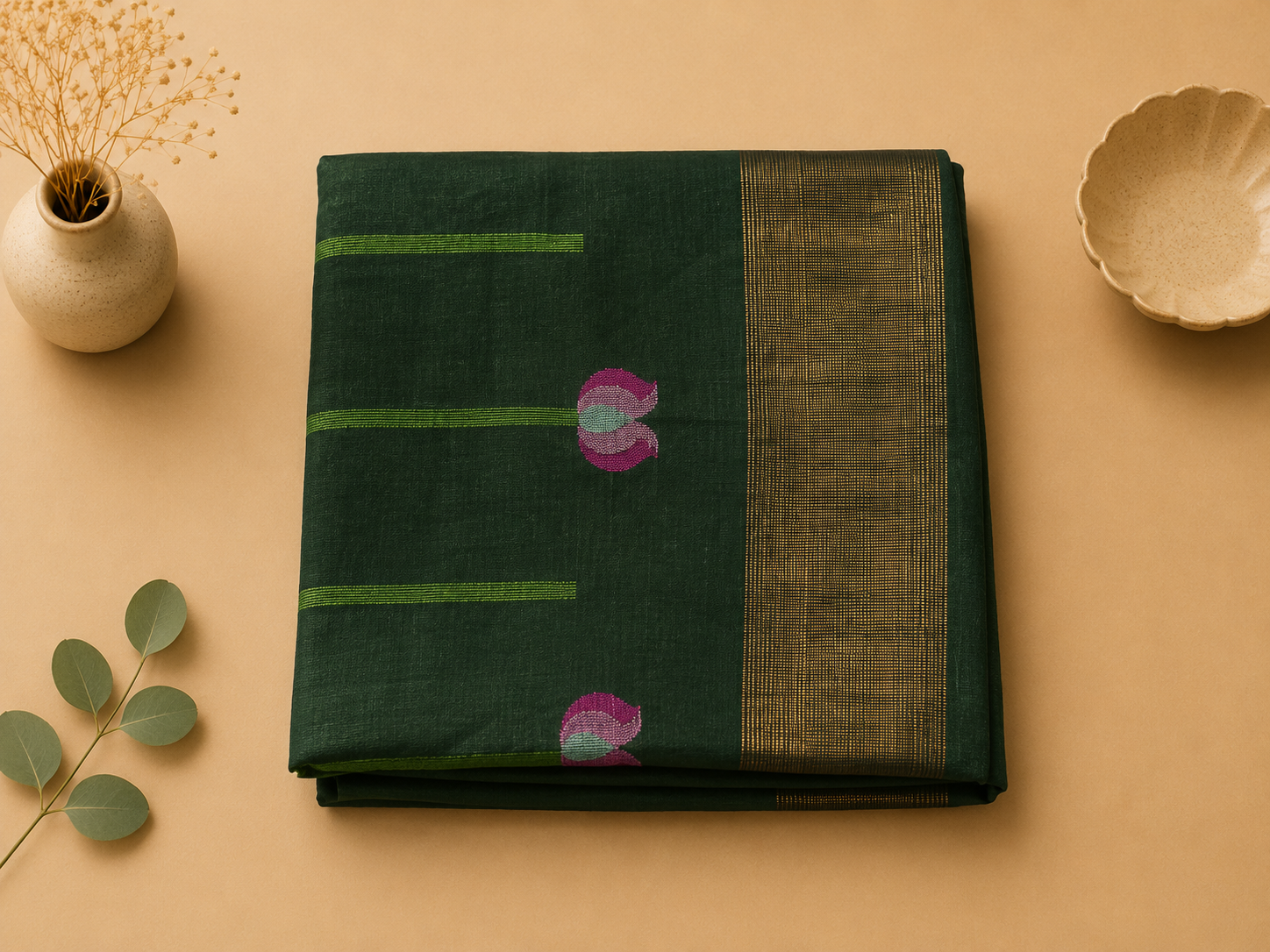 Folded dark green Matka silk Jamdani saree with woven pink lotus motifs and wide gold zari border – Nayikaa