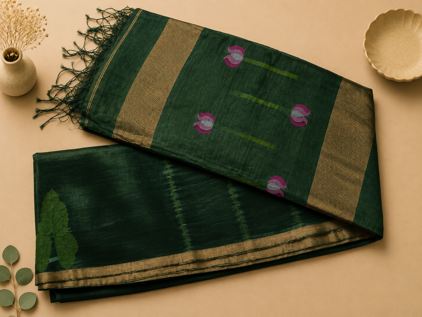 Dark green Matka silk Jamdani saree with woven pink lotus pallu, gold zari and matching blouse piece – Nayikaa