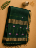 Vanapadma dark green Matka silk Jamdani saree with woven pink lotus motifs and gold zari border – Nayikaa