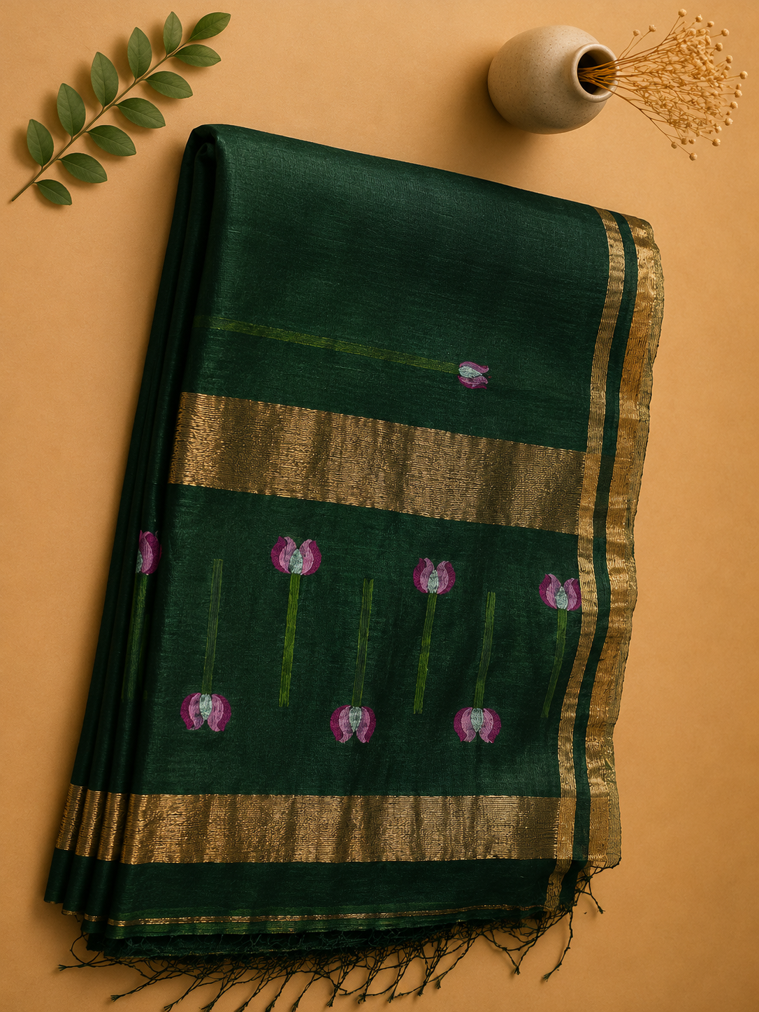 Vanapadma dark green Matka silk Jamdani saree with woven pink lotus motifs and gold zari border – Nayikaa