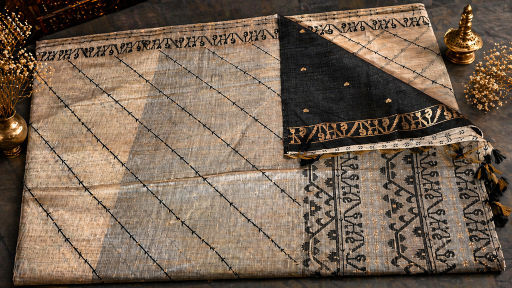Cotton Silk Saree | Lightweight Handwoven Office Wear (Cream and Black)