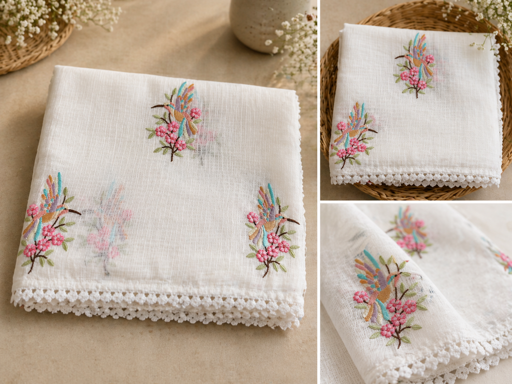 Kota Doria Sarees | Hand Embroidery (White)