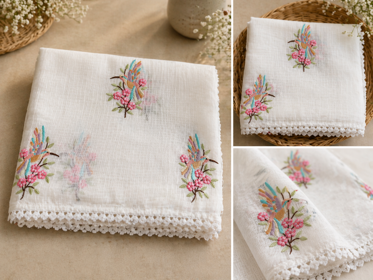 Kota Doria Sarees | Hand Embroidery (White)