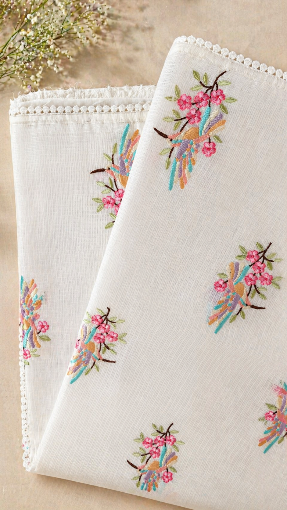 Kota Doria Sarees | Hand Embroidery (White)