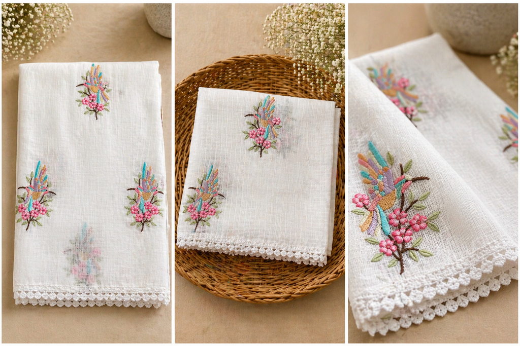 Kota Doria Sarees | Hand Embroidery (White)