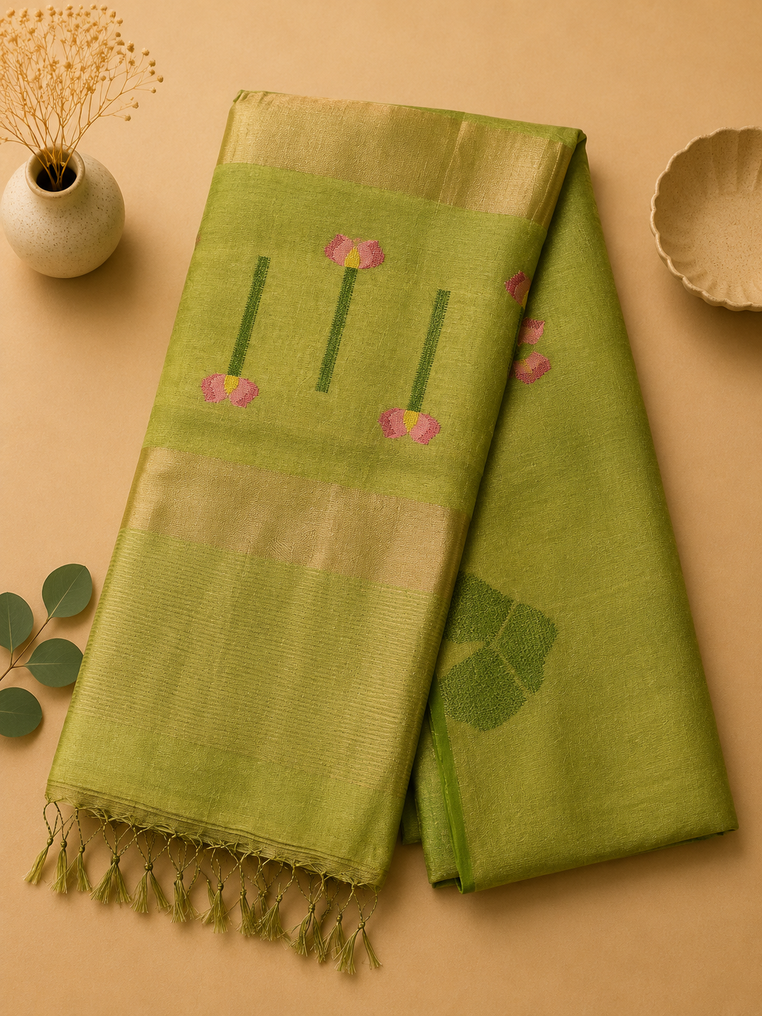 Green linen silk saree with floral motifs and gold zari border – Nayikaa