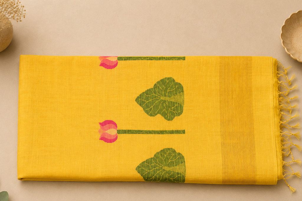 Folded Kanaka Padma yellow Matka silk Jamdani saree with woven lotus and leaf motifs – Nayikaa