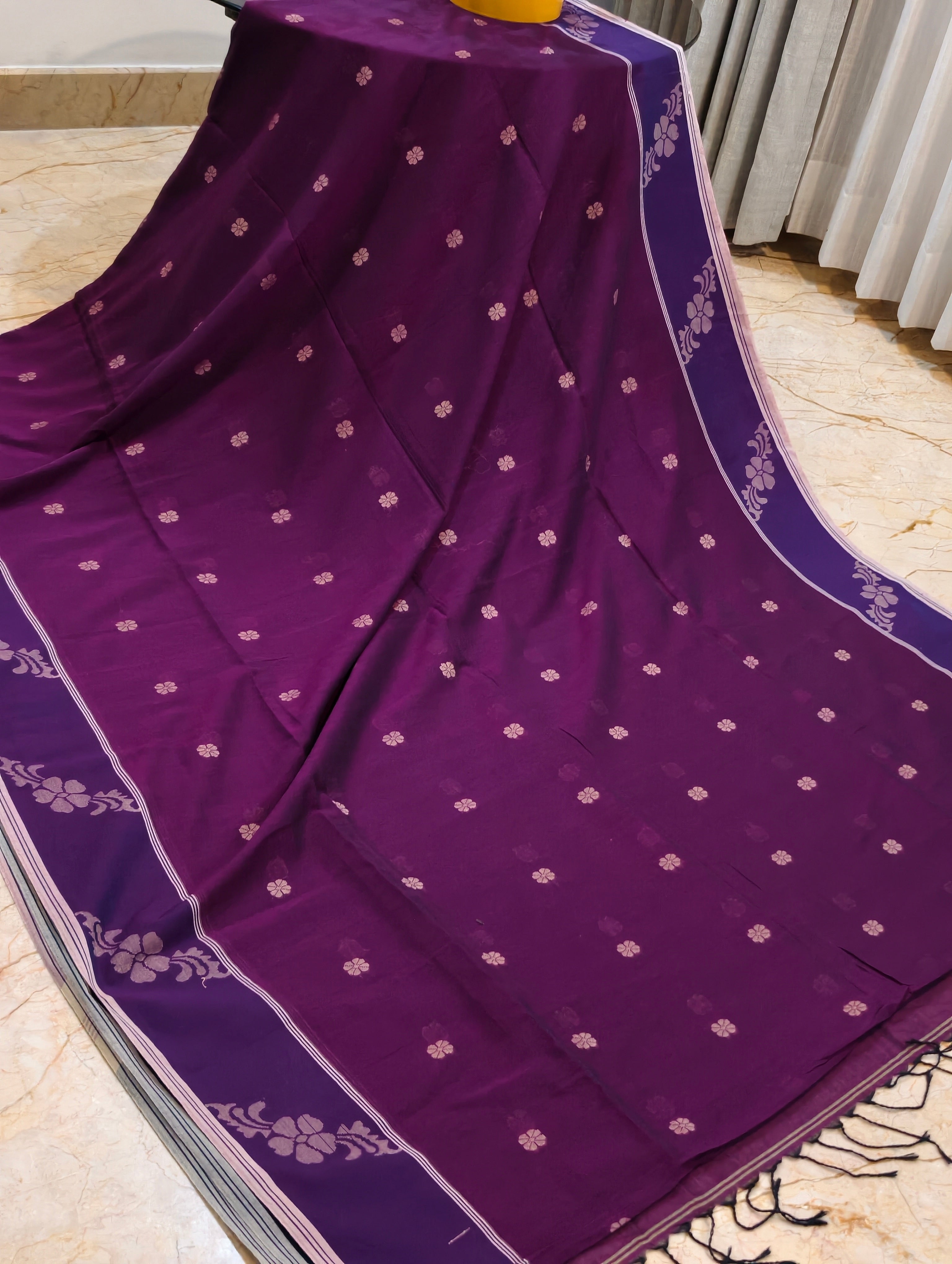 Magenta Bengal cotton saree body with small woven motifs and floral border