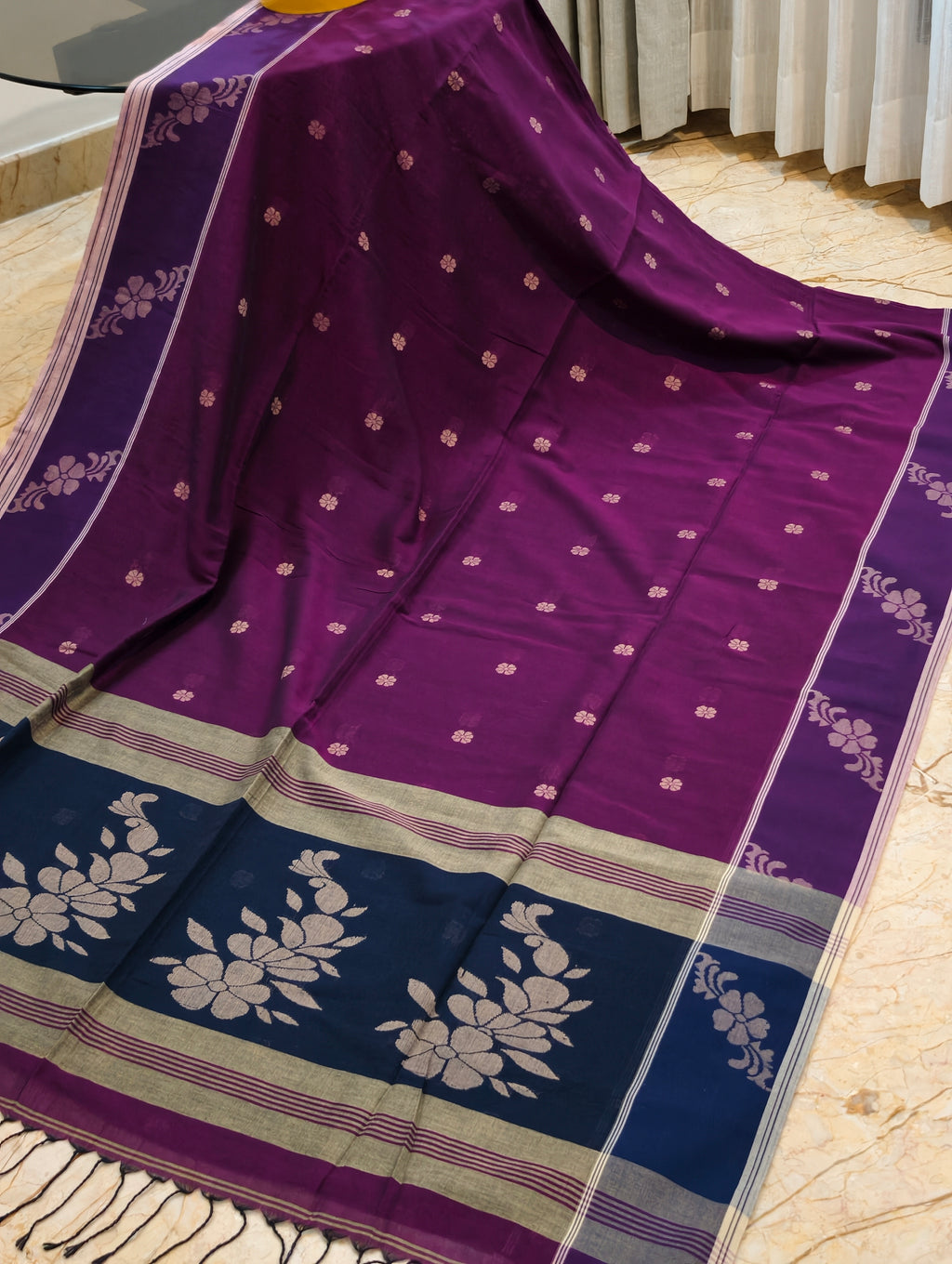 Full view of Mayurika magenta Bengal cotton saree with navy floral pallu
