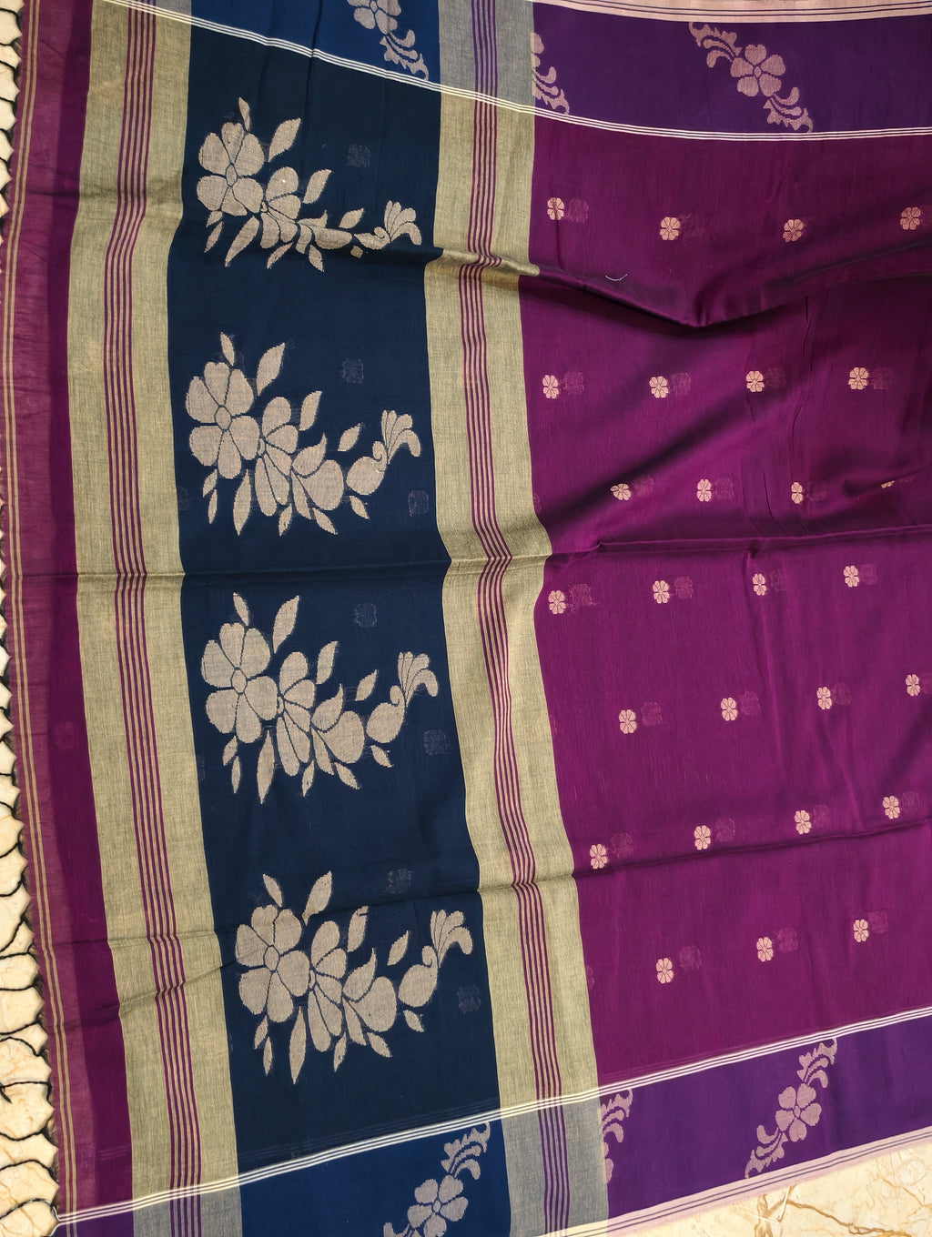 Mayurika saree with magenta body and contrasting navy floral pallu