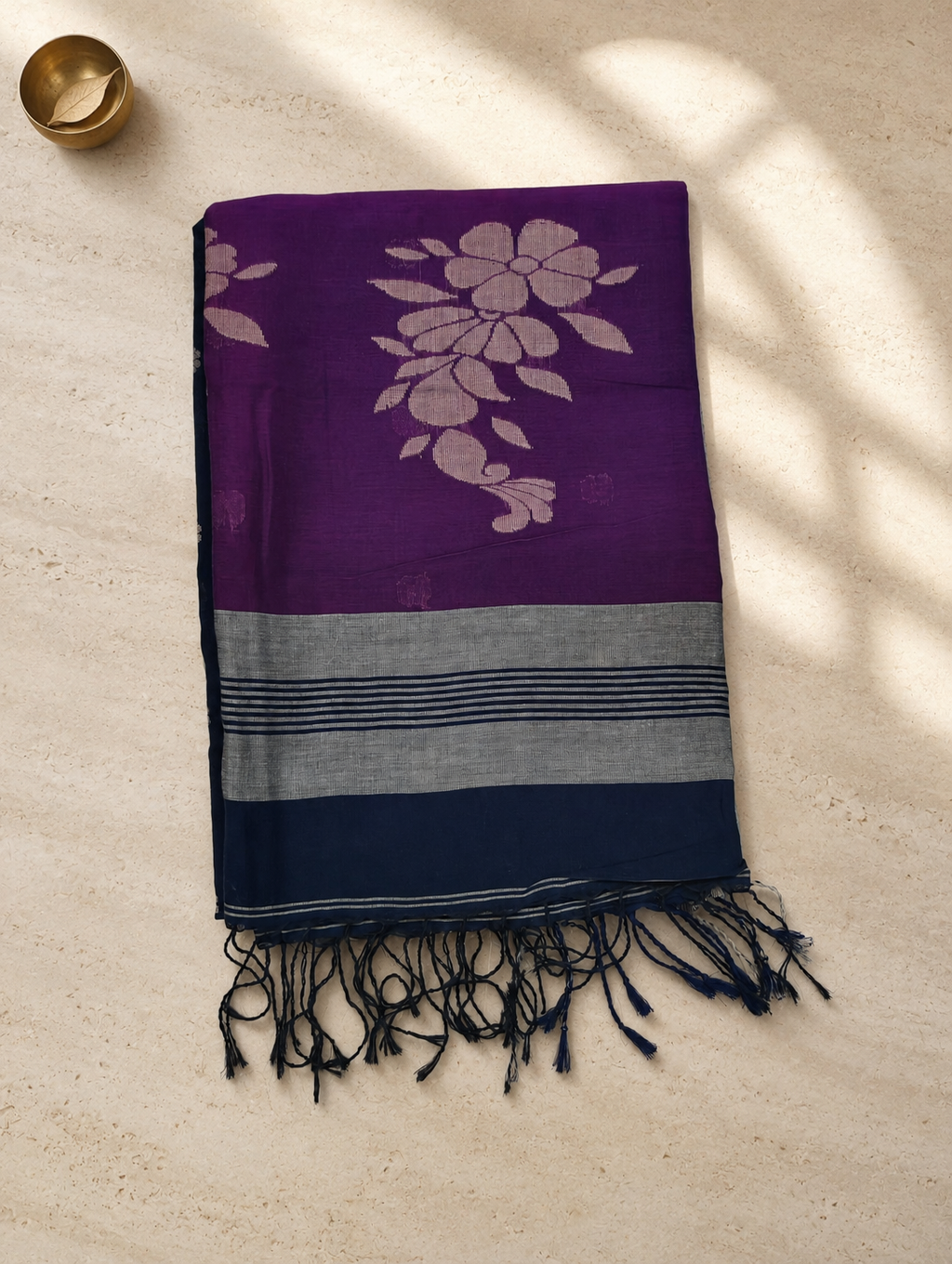 Navy Bengal cotton saree body with small woven floral motifs