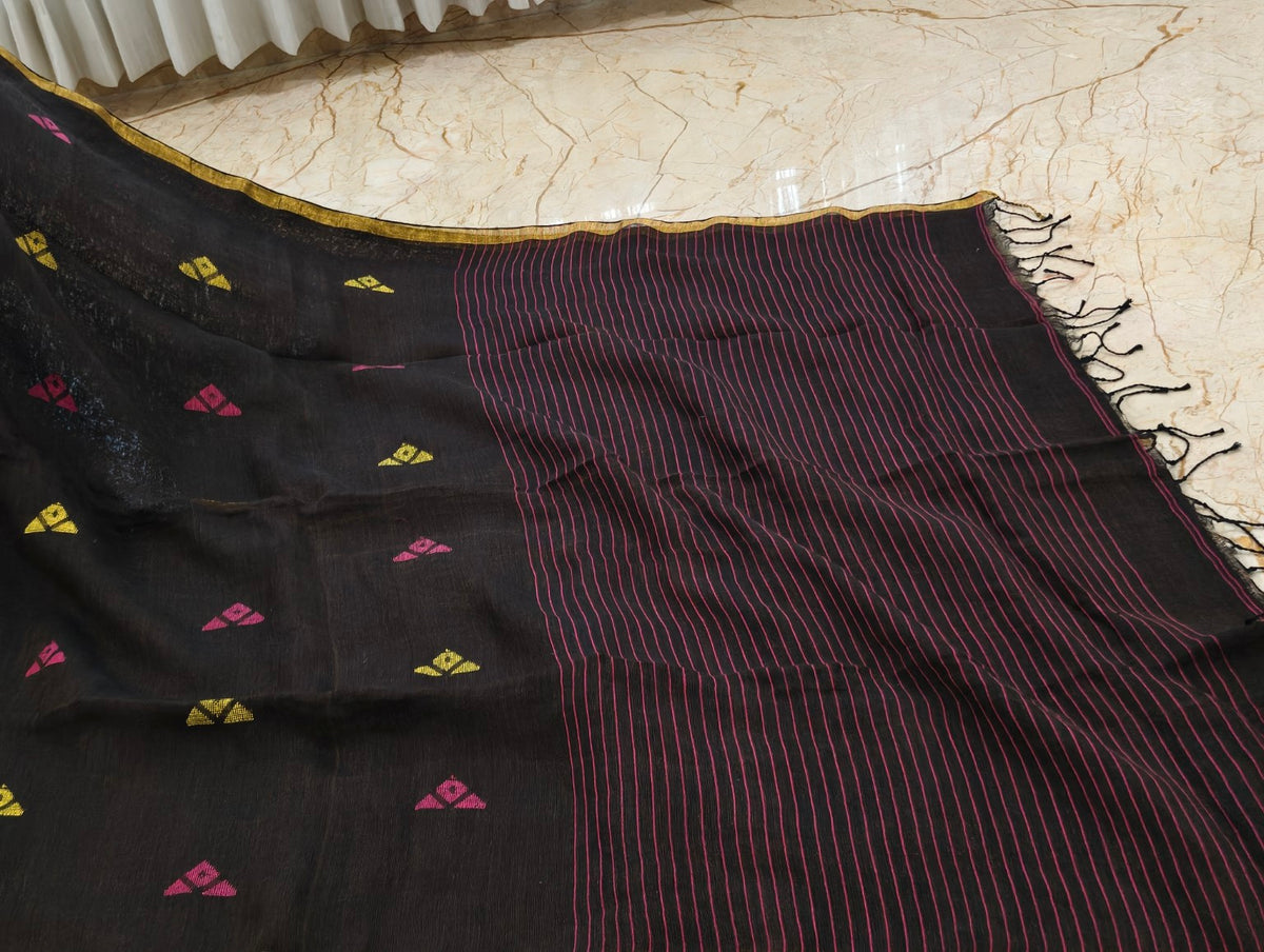 Nisha Tara Black Linen Silk Jamdani Saree
