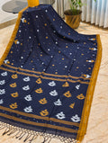 Nishitha navy blue Bengal cotton saree with mustard border and woven white and mustard motifs