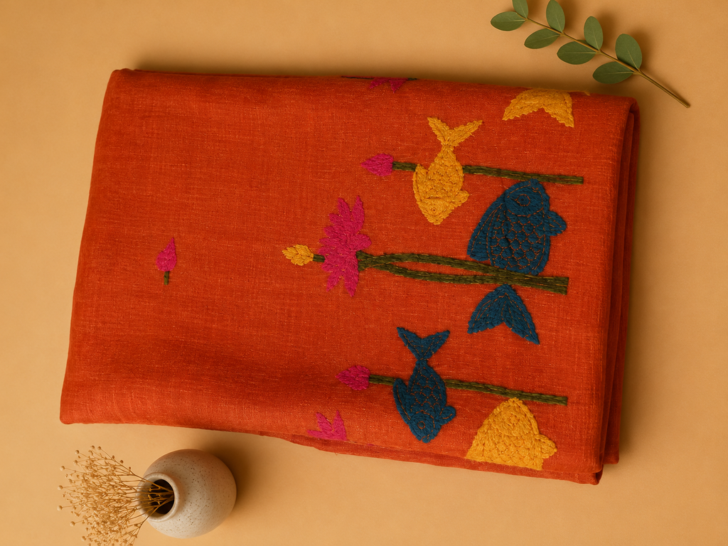 Folded orange Matka silk Jamdani saree with woven blue and yellow fish and pink lotus motifs – Nayikaa