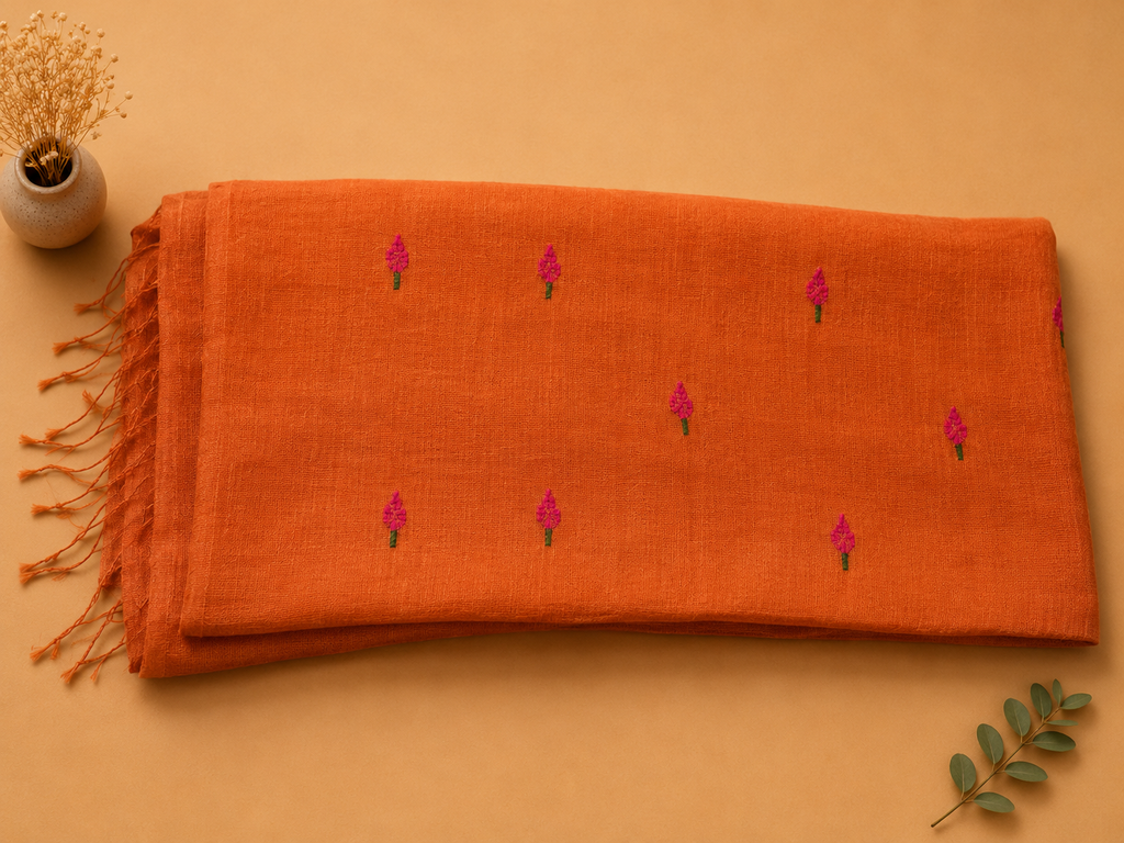 Folded orange Matka silk Jamdani saree body with small woven bud motifs and tassels – Nayikaa