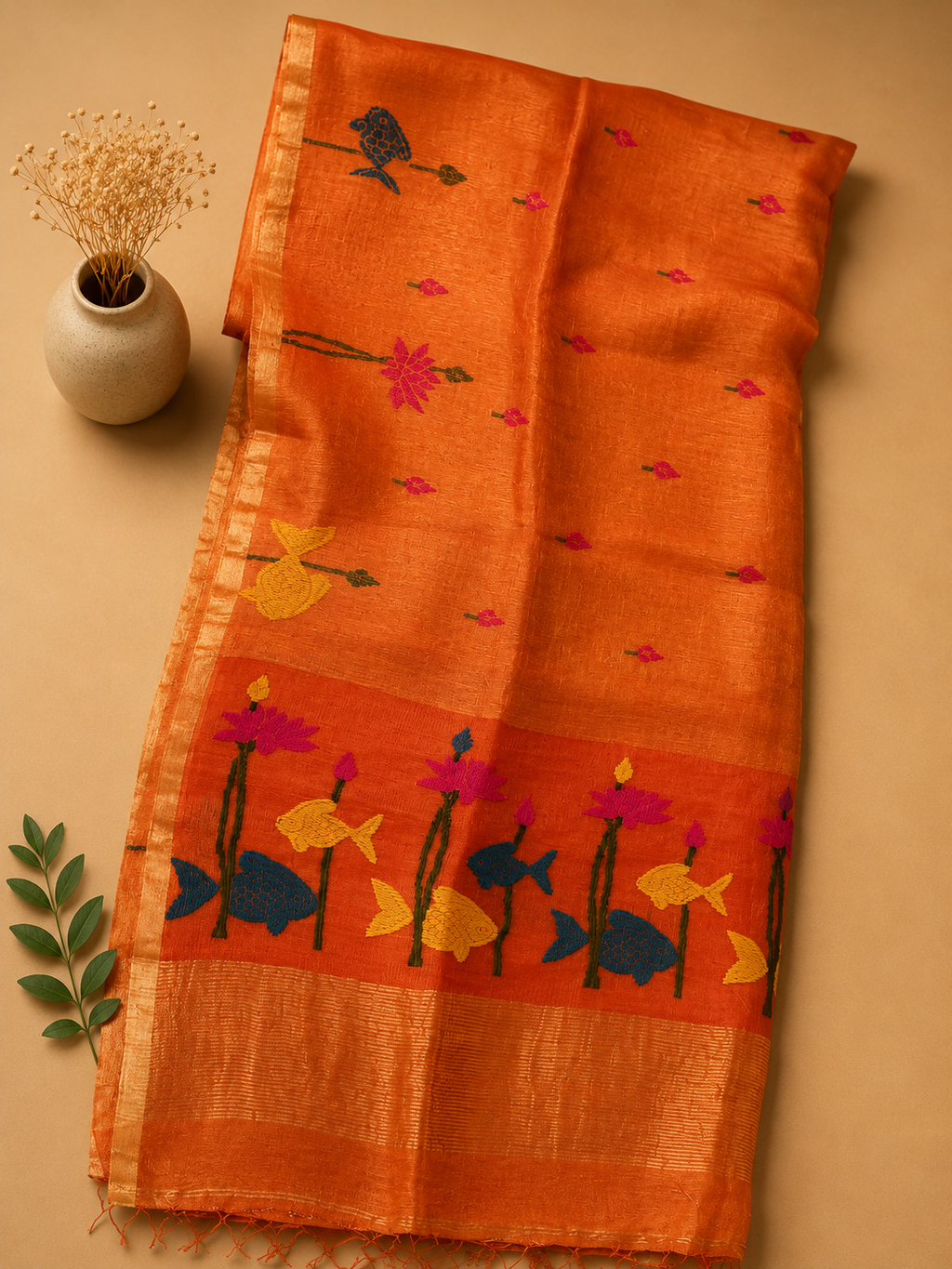 Orange Matka silk Jamdani saree with woven fish and lotus motifs and gold zari border – Nayikaa