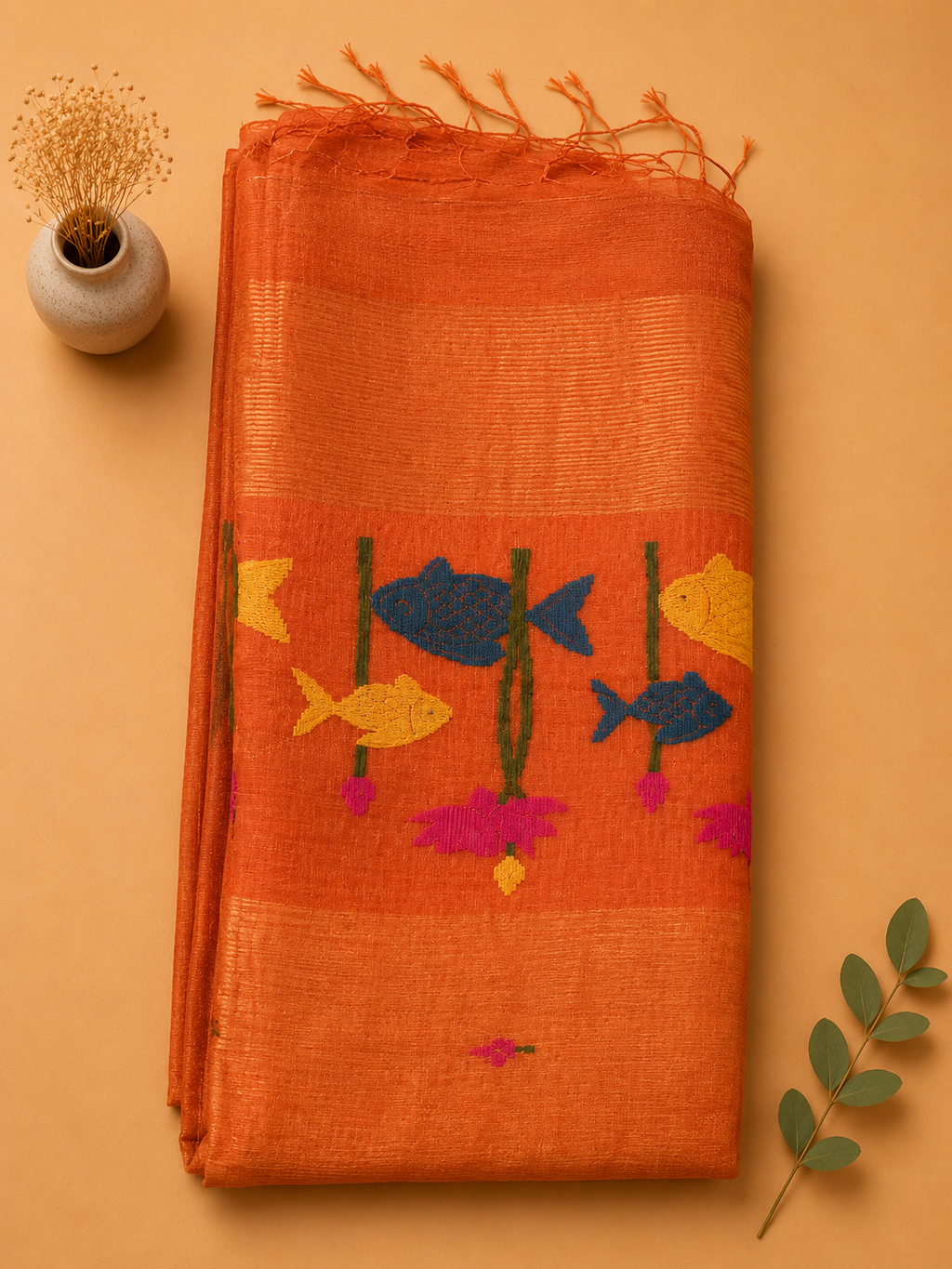 Folded orange Matka silk Jamdani saree with fish and lotus pallu, gold zari and tassels – Nayikaa