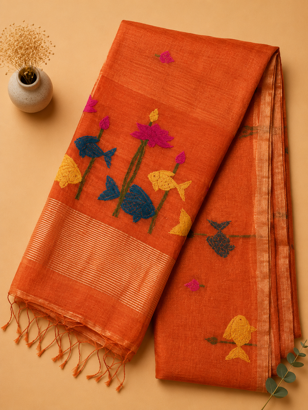 Matsya Kesari orange Matka silk Jamdani saree with woven fish and lotus motifs – Nayikaa