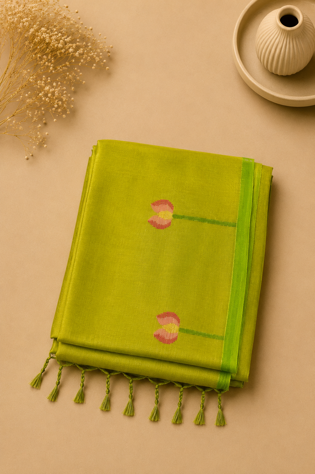 Close-up of parrot green linen silk saree with pink floral pallu and tassels – Nayikaa
